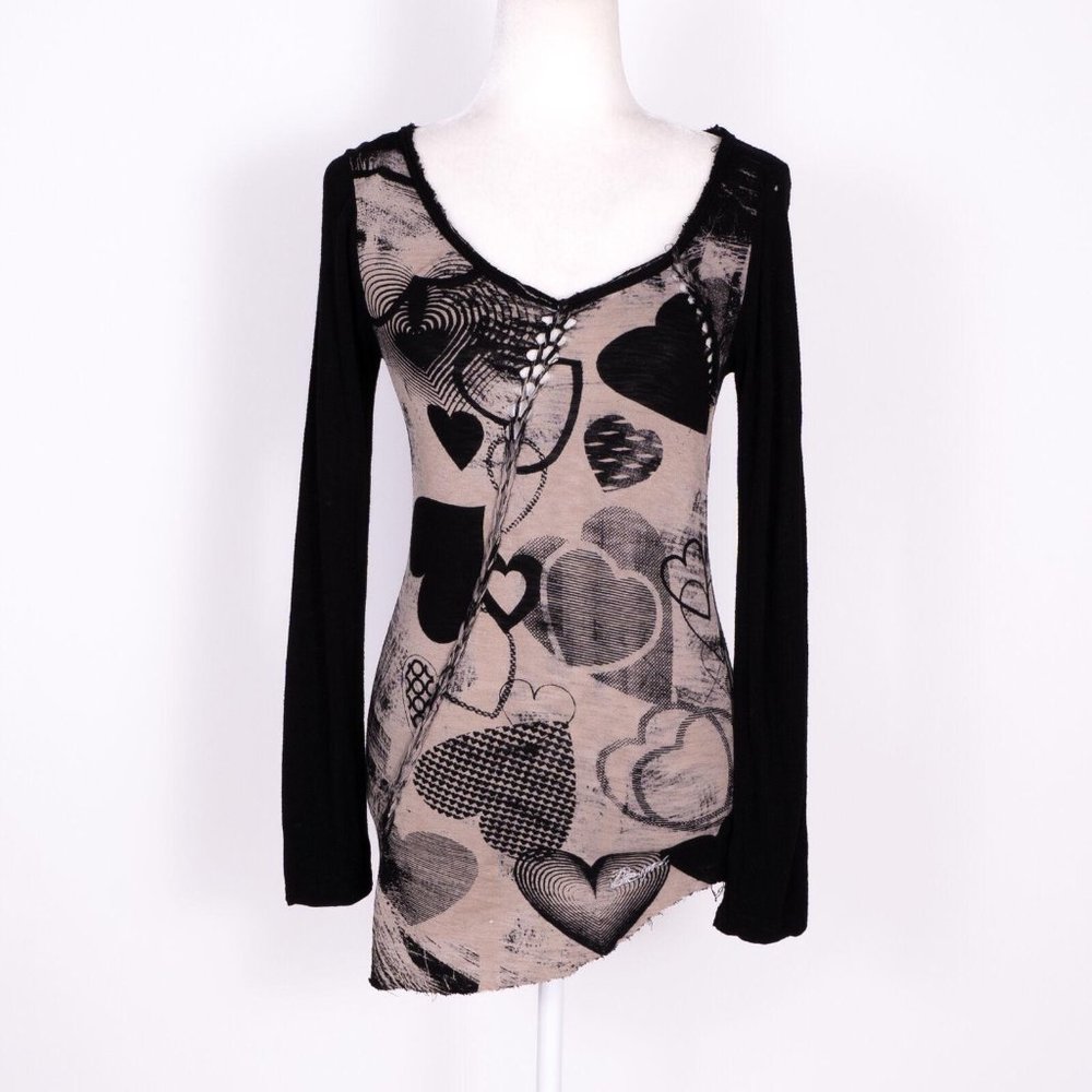 Desigual Brown Cotton Heart Print Raw Hem Long Sleeve T-Shirt SZ S